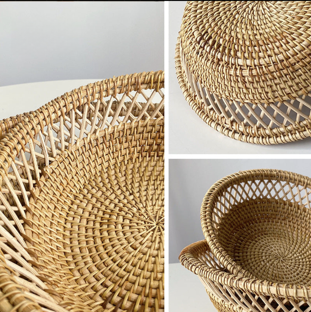 Close-up collage showing weave details, rim, and nesting of Sturdy Rattan Fruit Trays.