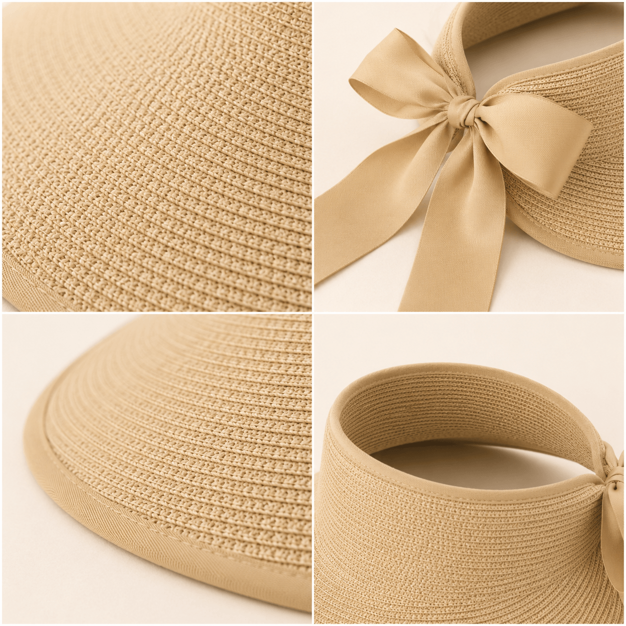 collage showing the woven paper straw texture, ribbon tie, open top, and wide brim of a beige visor hat