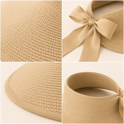 collage showing the woven paper straw texture, ribbon tie, open top, and wide brim of a beige visor hat