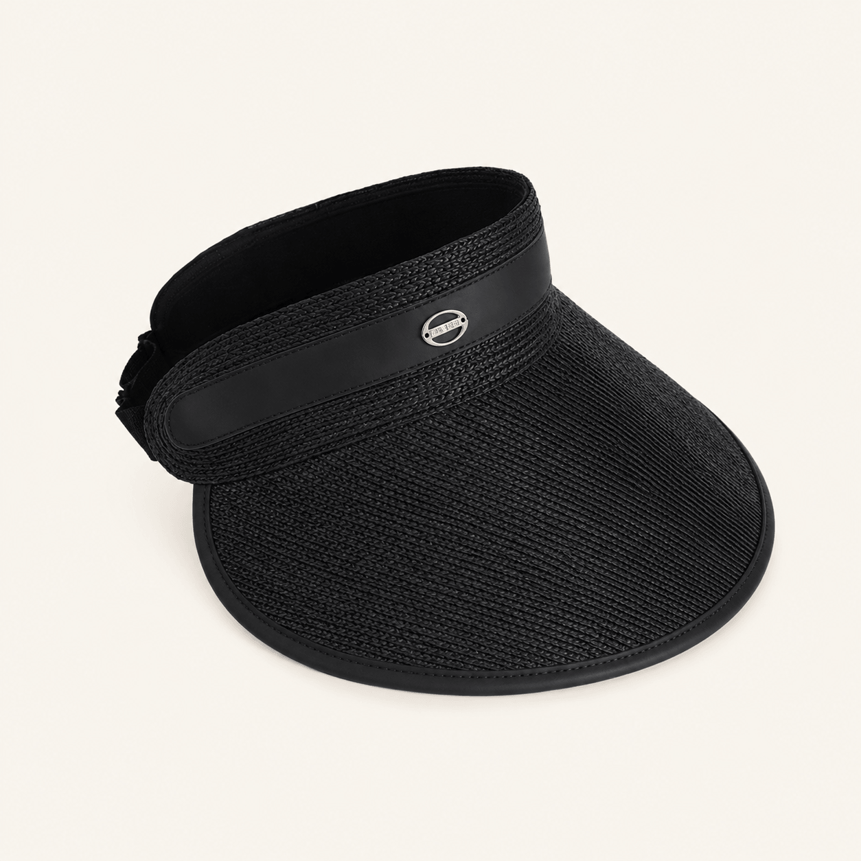  Black raffia wide brim sun visor for women with open-top crown and adjustable fit.