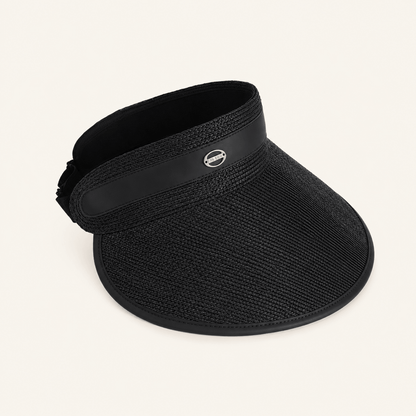  Black raffia wide brim sun visor for women with open-top crown and adjustable fit.