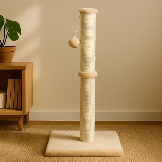 Stable sisal cat scratching post with square base and hanging pom-pom toy, neutral beige, by Solmerea