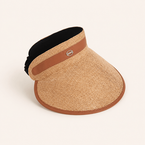 Khaki raffia wide brim sun visor for women with open-top design, brown trim, and adjustable back closure.