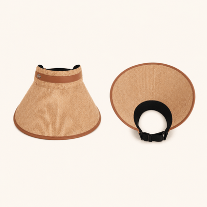 Front and inside view of a khaki raffia sun visor showing the wide brim, open-top shape, and inner band.