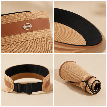 Detail collage of the raffia sun visor showing the woven texture, trim, inner sweatband, adjustable strap, and rollable design.