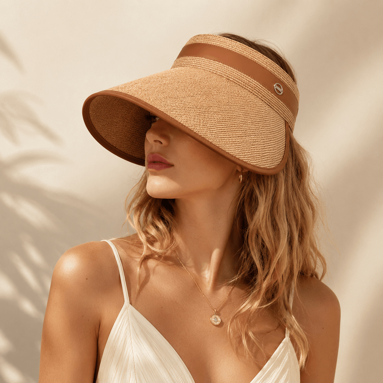 Side profile of a woman wearing a khaki raffia wide brim visor for elegant summer sun protection.