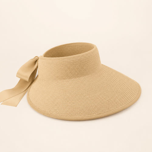 Beige wide brim paper straw visor hat for women with a soft ribbon tie at the back