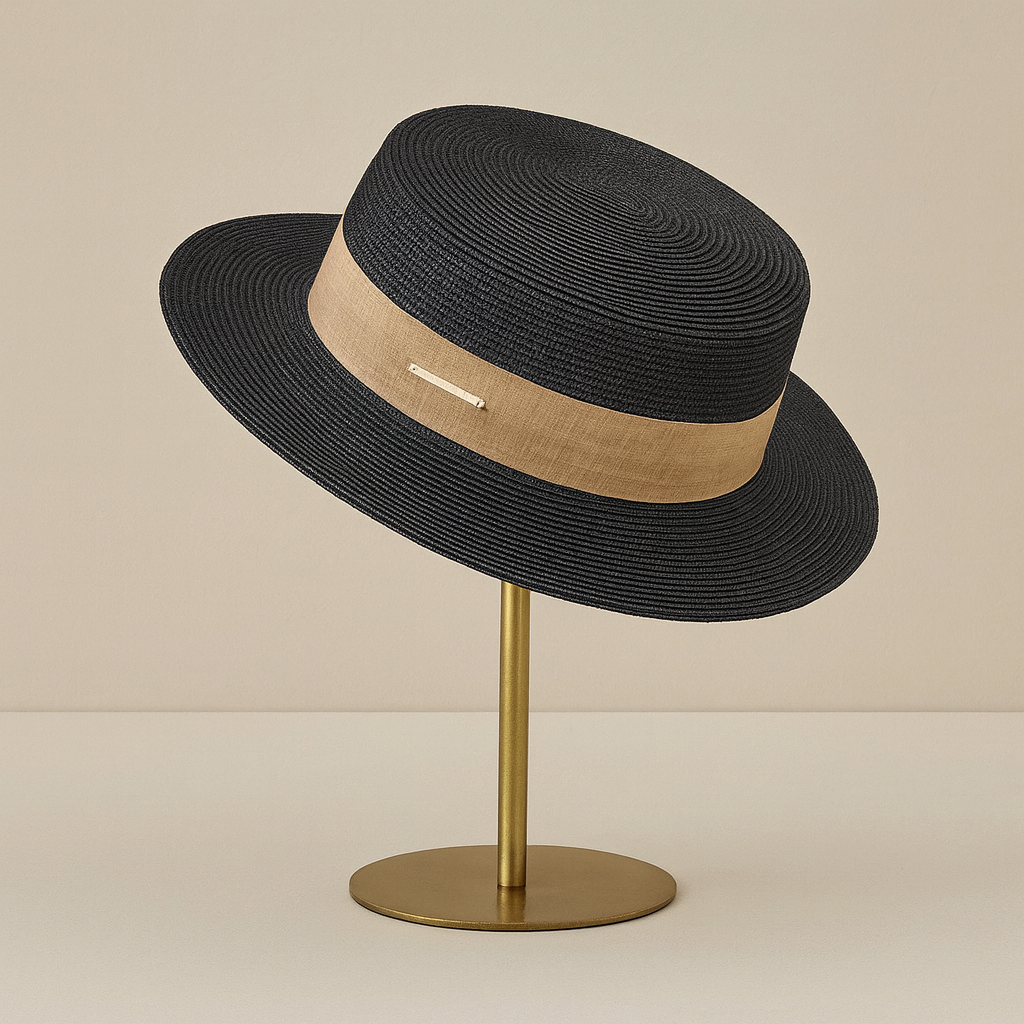 Black straw hat with beige linen band displayed on gold metal stand, representing elegant color contrast.
