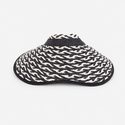 Black and white braided wide brim paper straw visor hat for women in a front product view