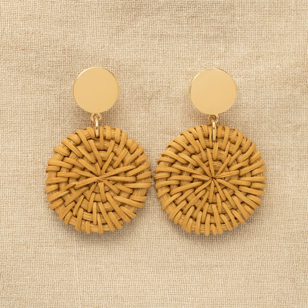 Handcrafted round rattan earrings with golden stud tops, displayed on beige linen background in natural light.