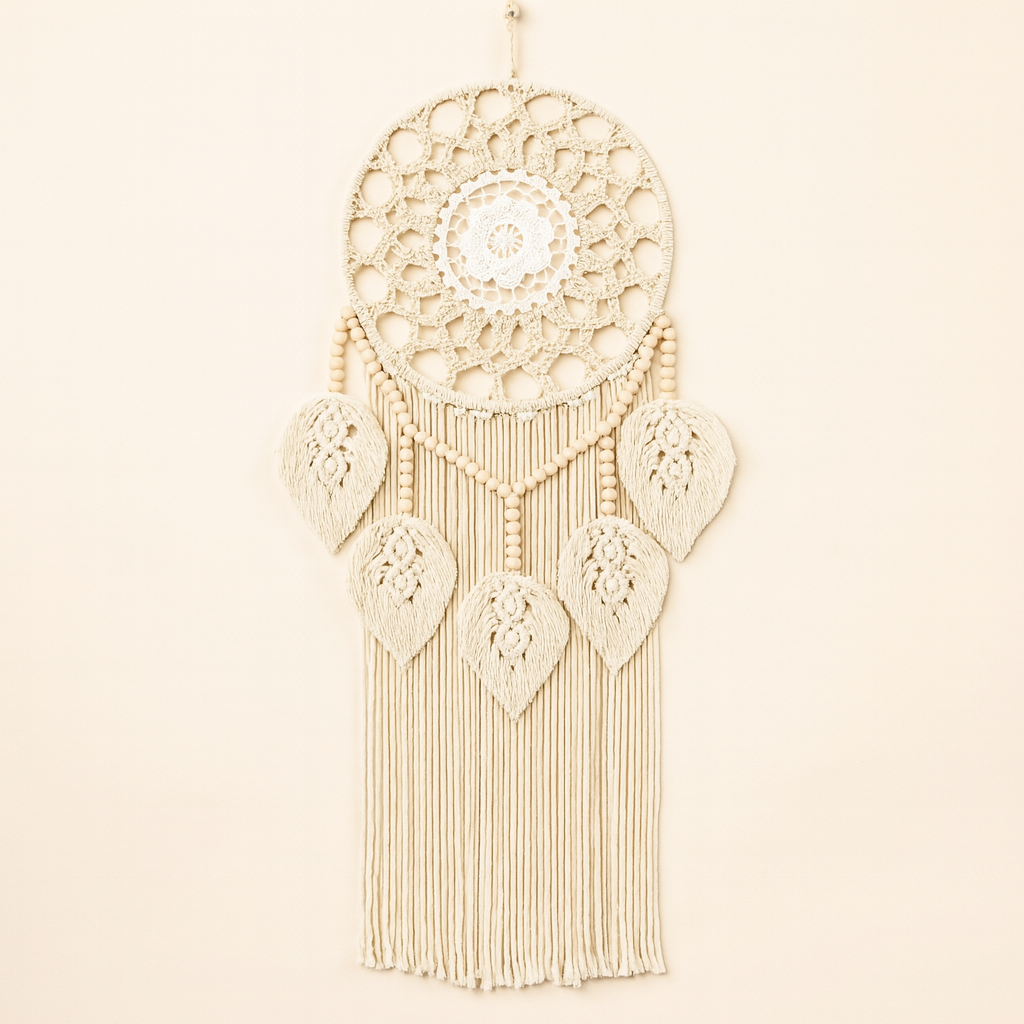 Handwoven macrame wall tapestry with round crochet center and leaf fringe design, natural cotton texture.