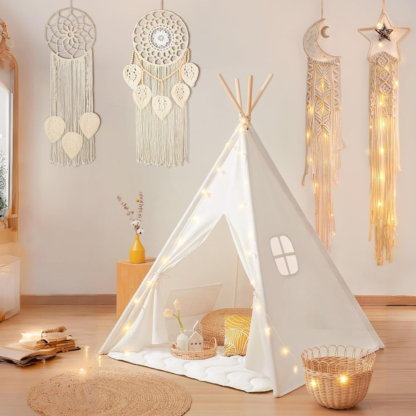 Boho macrame wall tapestries displayed beside a play tent in a warm, softly lit nursery room.