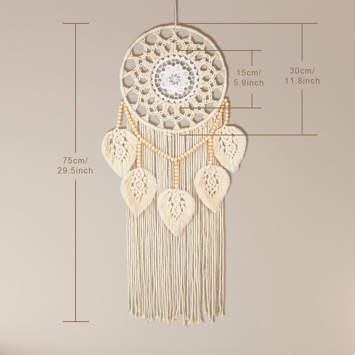 Size chart showing full dimensions of the macrame wall tapestry, 75 cm tall and 30 cm wide.