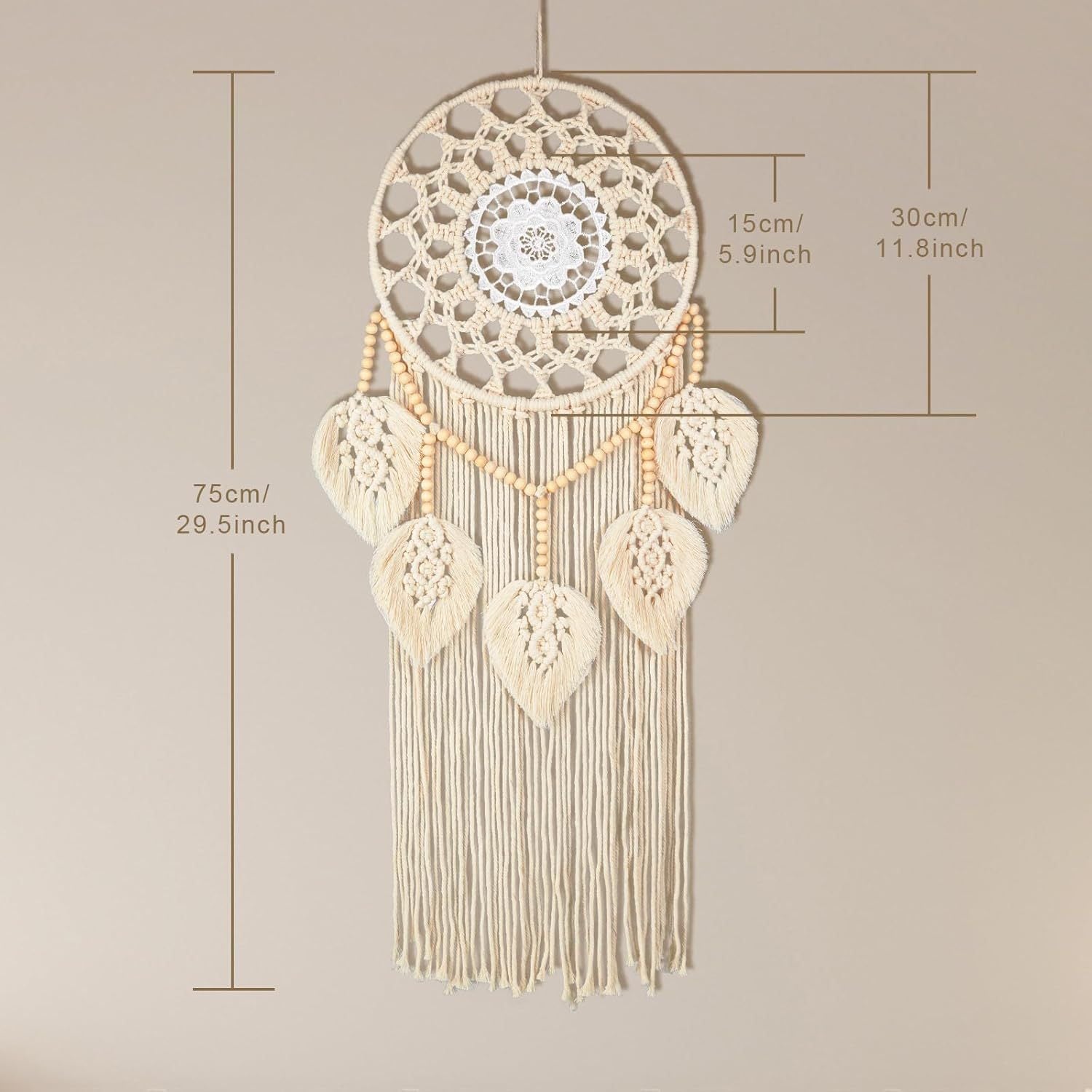 Size chart showing full dimensions of the macrame wall tapestry, 75 cm tall and 30 cm wide.