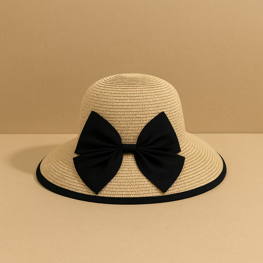Cream-colored straw hat with wide brim and large black bow accent, displayed on beige background.