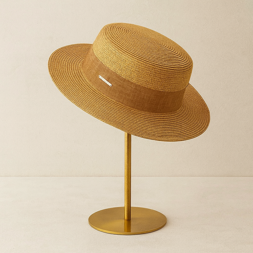 Camel-toned straw hat with linen band displayed on gold base stand, showing refined craftsmanship.