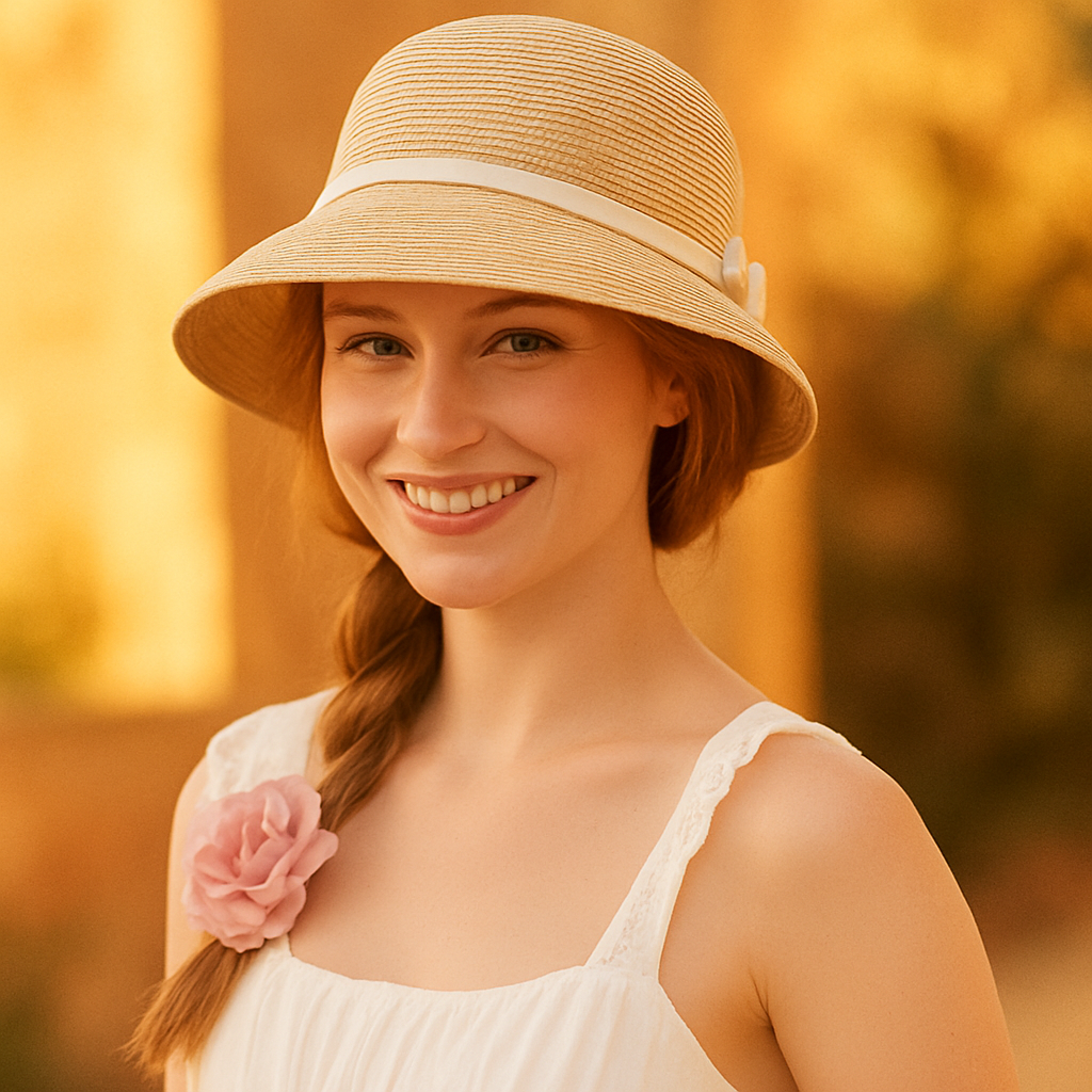 Woman wearing a straw hat with white ribbon bow, smiling in warm sunlight, showing elegant summer fashion style.