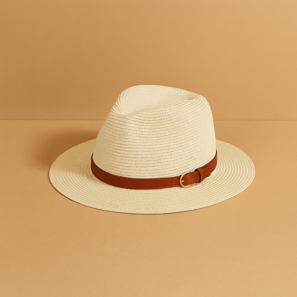 Cream straw Panama hat with brown leather belt and gold buckle, displayed on beige background.