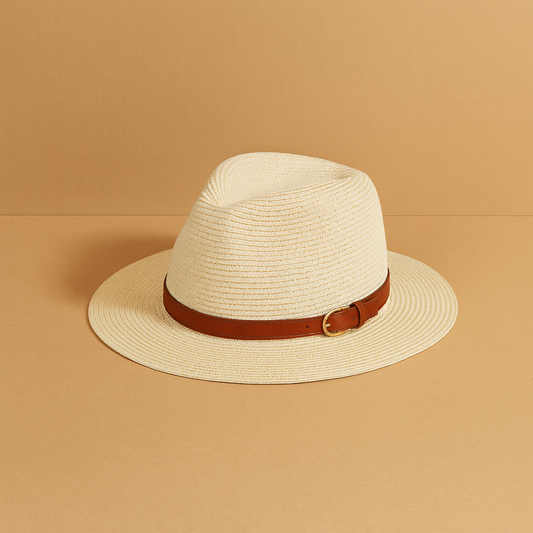 Cream straw Panama hat with brown leather belt and gold buckle, displayed on beige background.