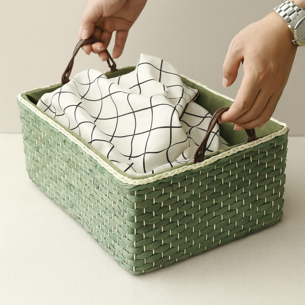 Hands placing a checkered cloth into the green woven straw basket, demonstrating handle comfort and use.