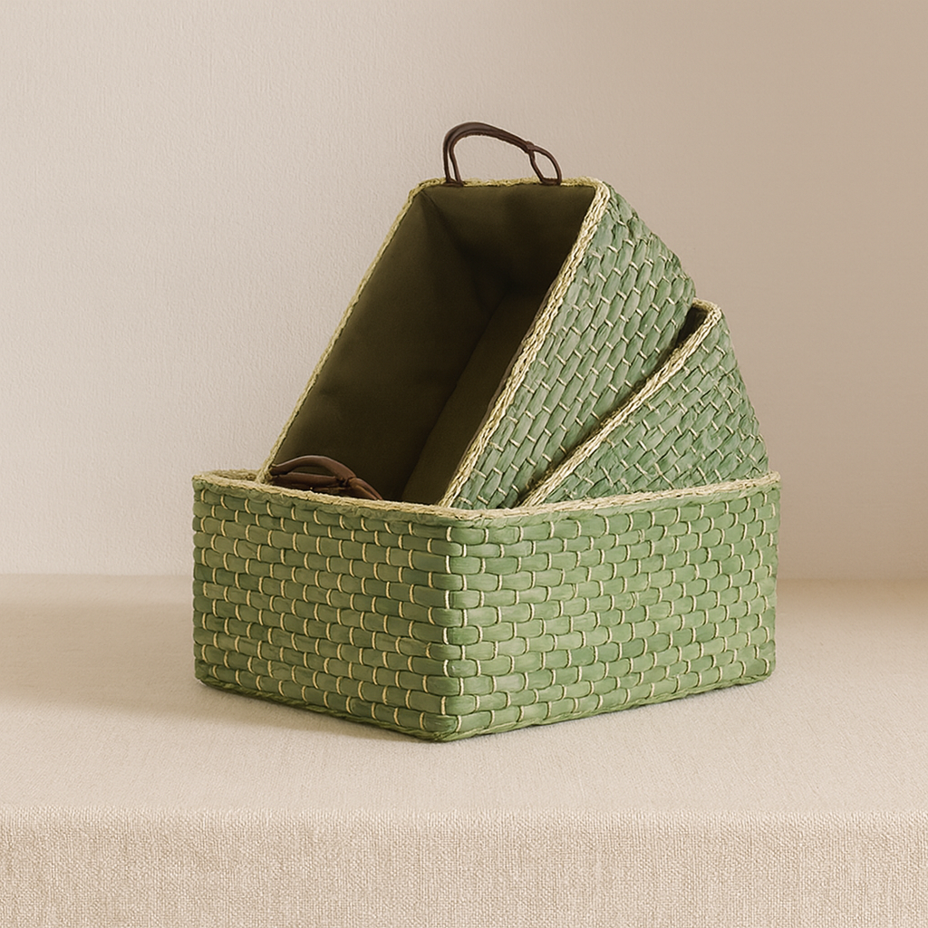 Set of three stackable green straw baskets nested together to show space-saving storage design.