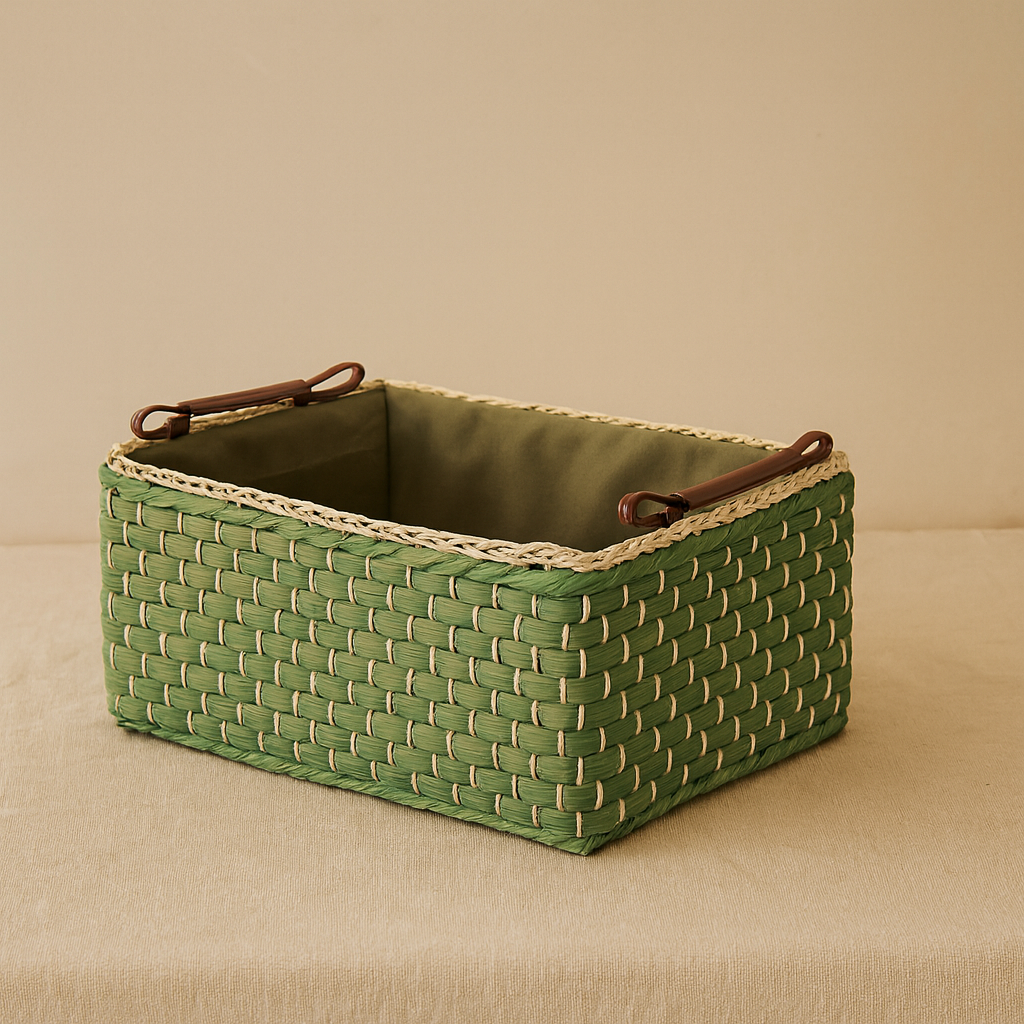 Single rectangular green straw basket with leather handles and beige fabric lining, displayed on linen surface.