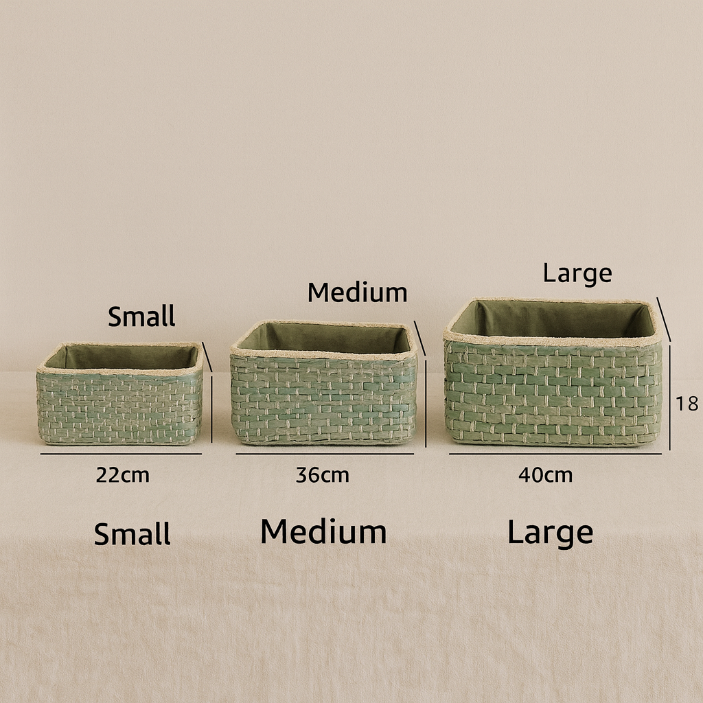 Product size chart showing small, medium, and large green straw baskets with labeled measurements.