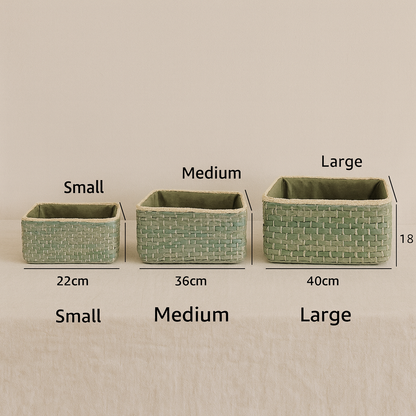 Product size chart showing small, medium, and large green straw baskets with labeled measurements.
