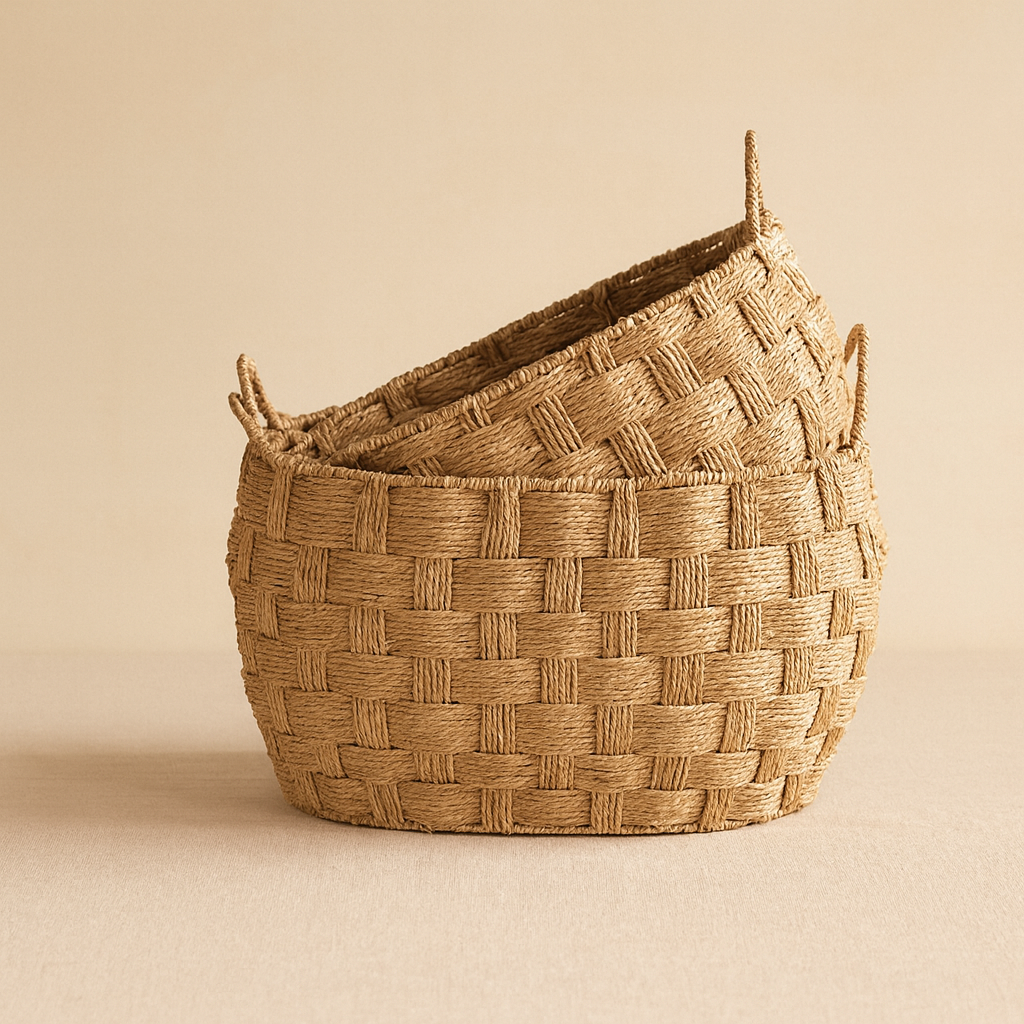 Two nested straw storage baskets stacked together to show flexible storage and handwoven texture.