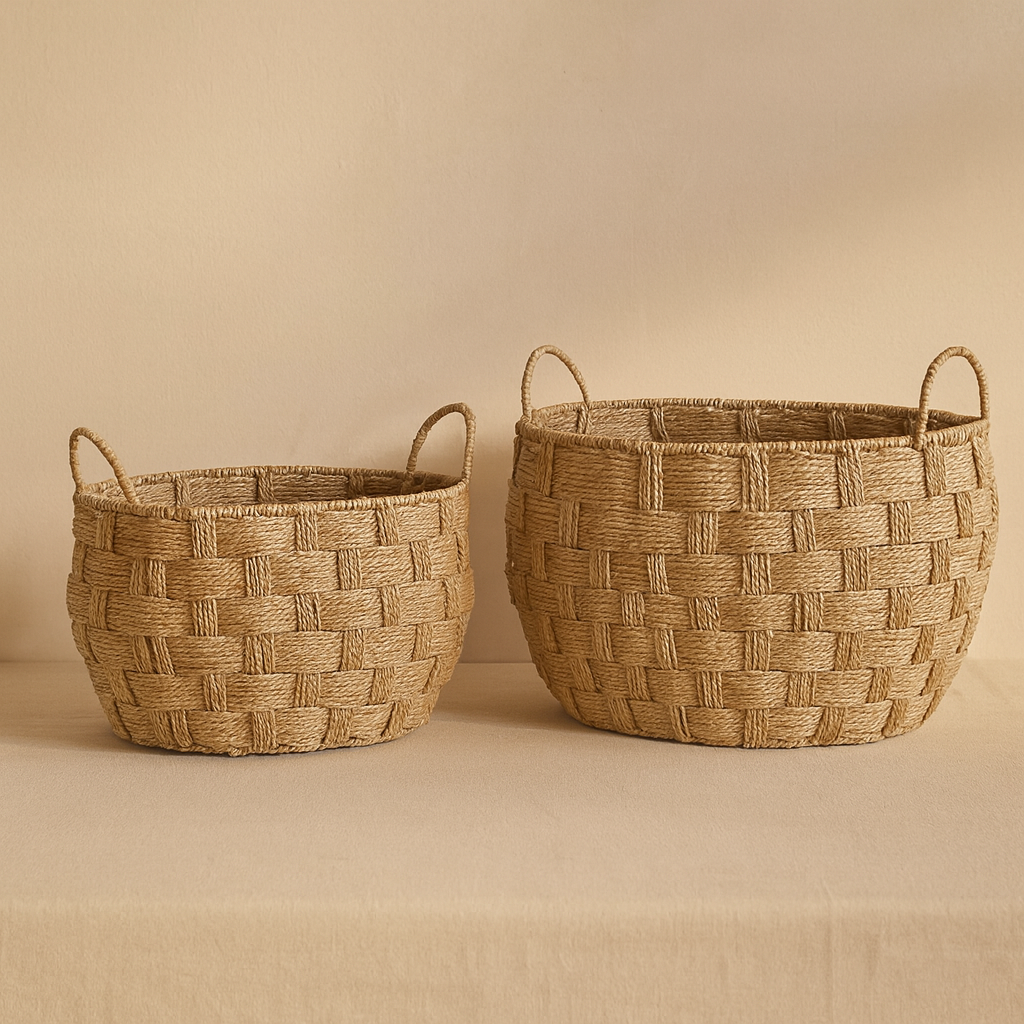 Pair of handwoven straw baskets against beige background, medium and large size with loop handles.