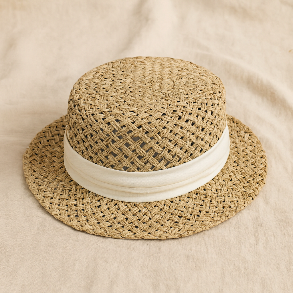 Natural straw hat with white ribbon accent placed on soft beige linen fabric, showcasing breathable woven craftsmanship.