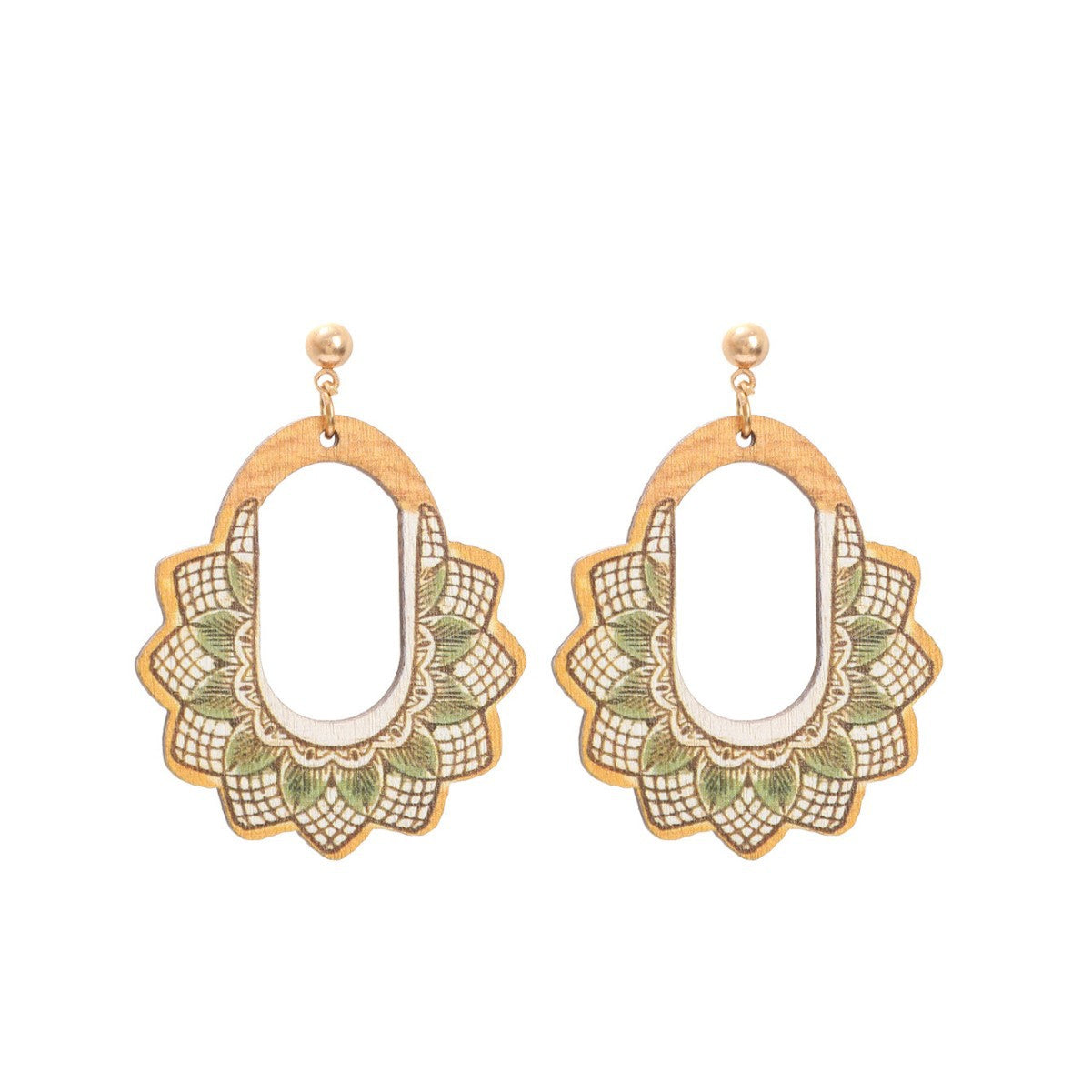 Wooden earrings with floral mandala pattern in green and beige tones, hanging on gold studs.