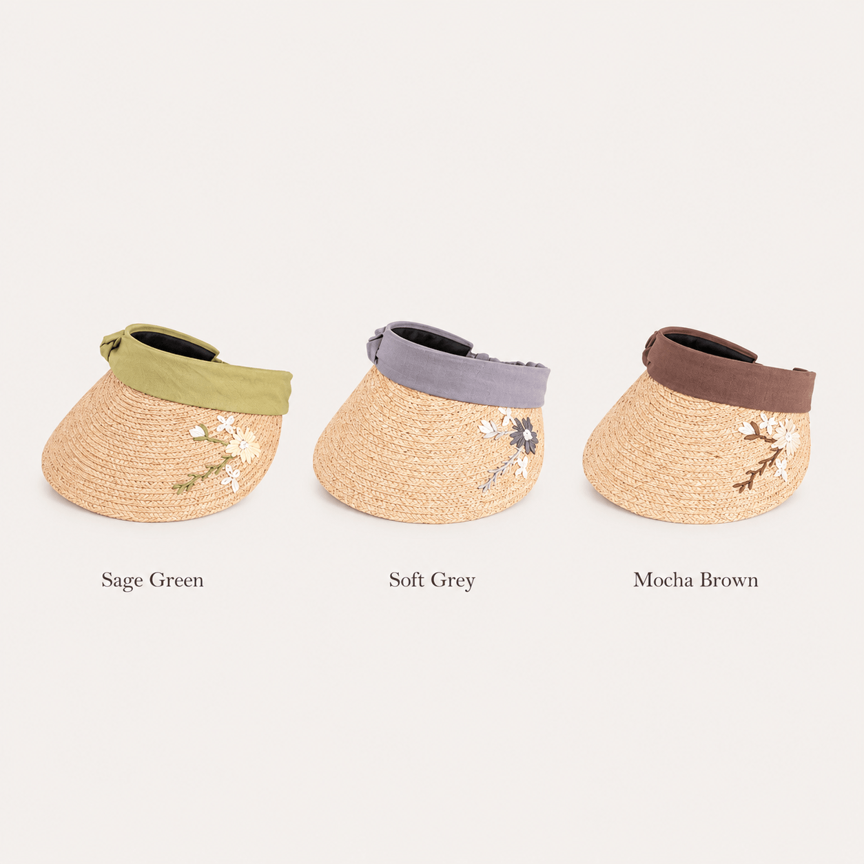 Floral embroidered straw visor hat color options in sage green, soft grey and mocha brown