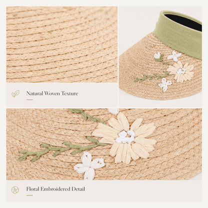 Close-up collage of woven texture and floral embroidery on a sage green wide brim straw visor