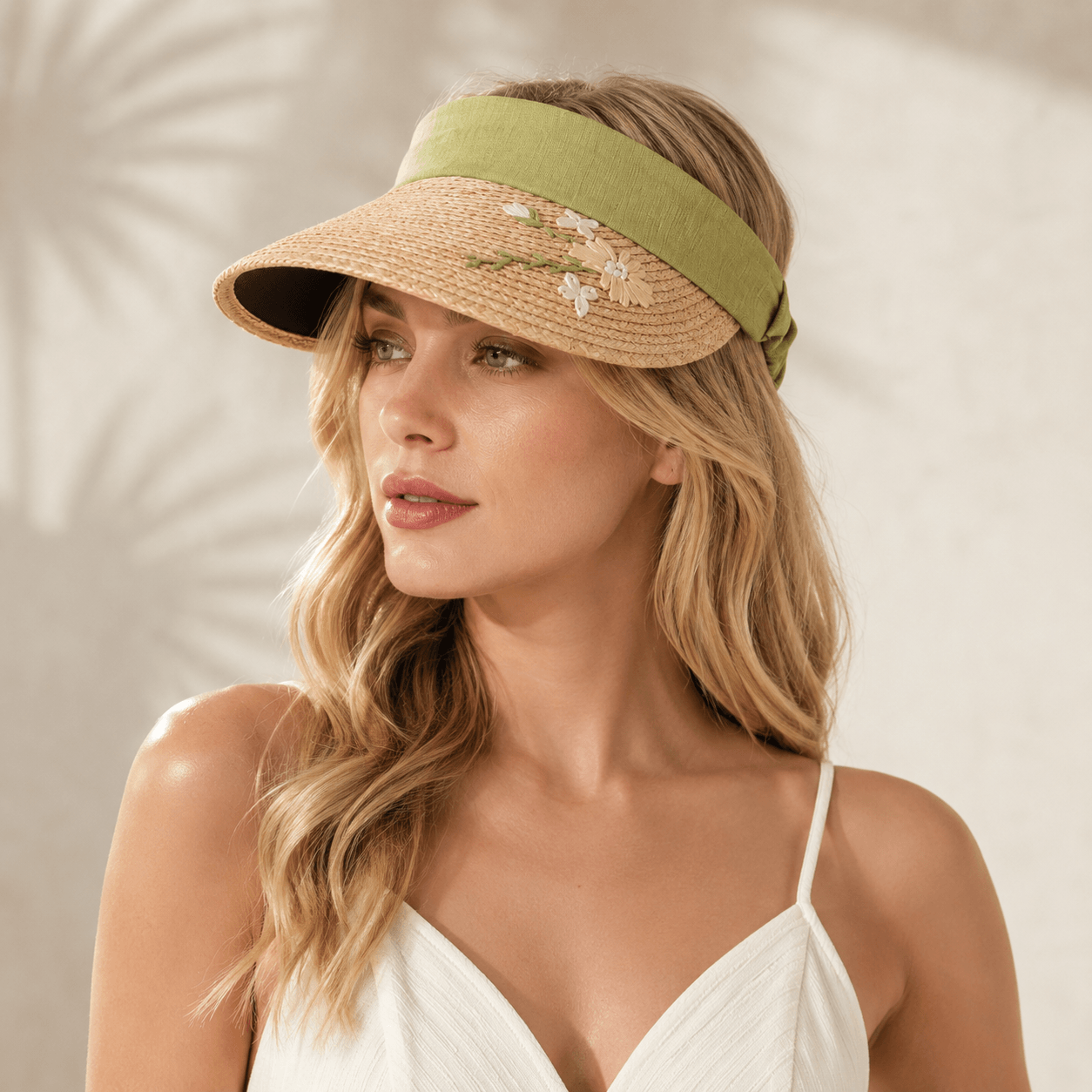 Blonde woman wearing a sage green floral embroidered wide brim straw visor with a white summer dress