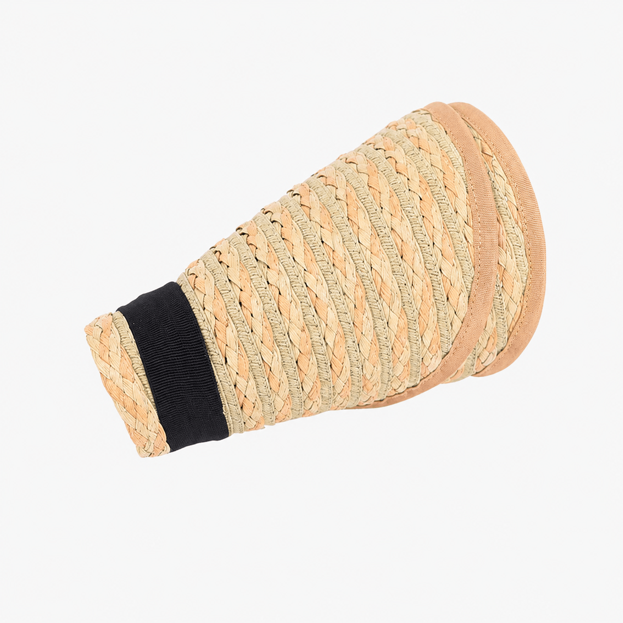 Folded green khaki braided paper straw sun visor showing its compact packable design
