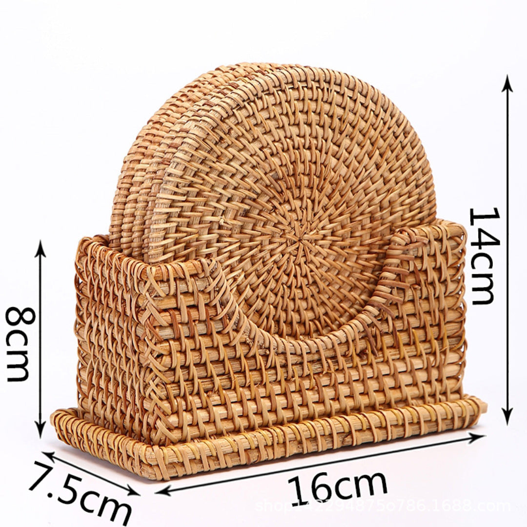 Large rattan coaster set with labeled dimensions: 16cm length, 7.5cm width, 14cm height.