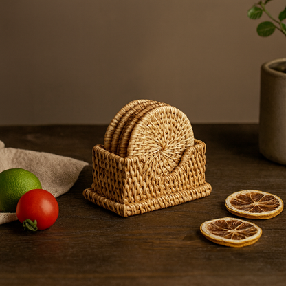 Handcrafted rattan coaster set with holder, displayed on dark wooden table beside lime, tomato, and dried citrus slices.