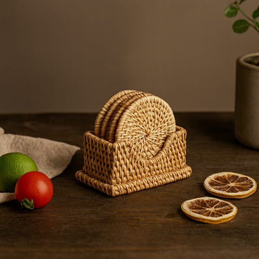 Handcrafted rattan coaster set with holder, displayed on dark wooden table beside lime, tomato, and dried citrus slices.