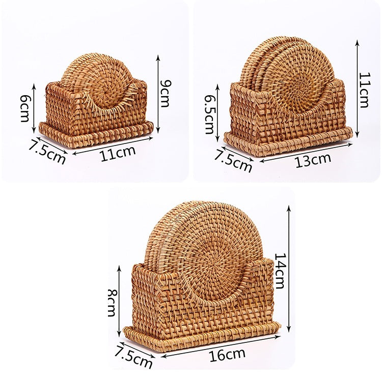 Three rattan coaster sets in different sizes with measurements labeled in centimeters for height and width.