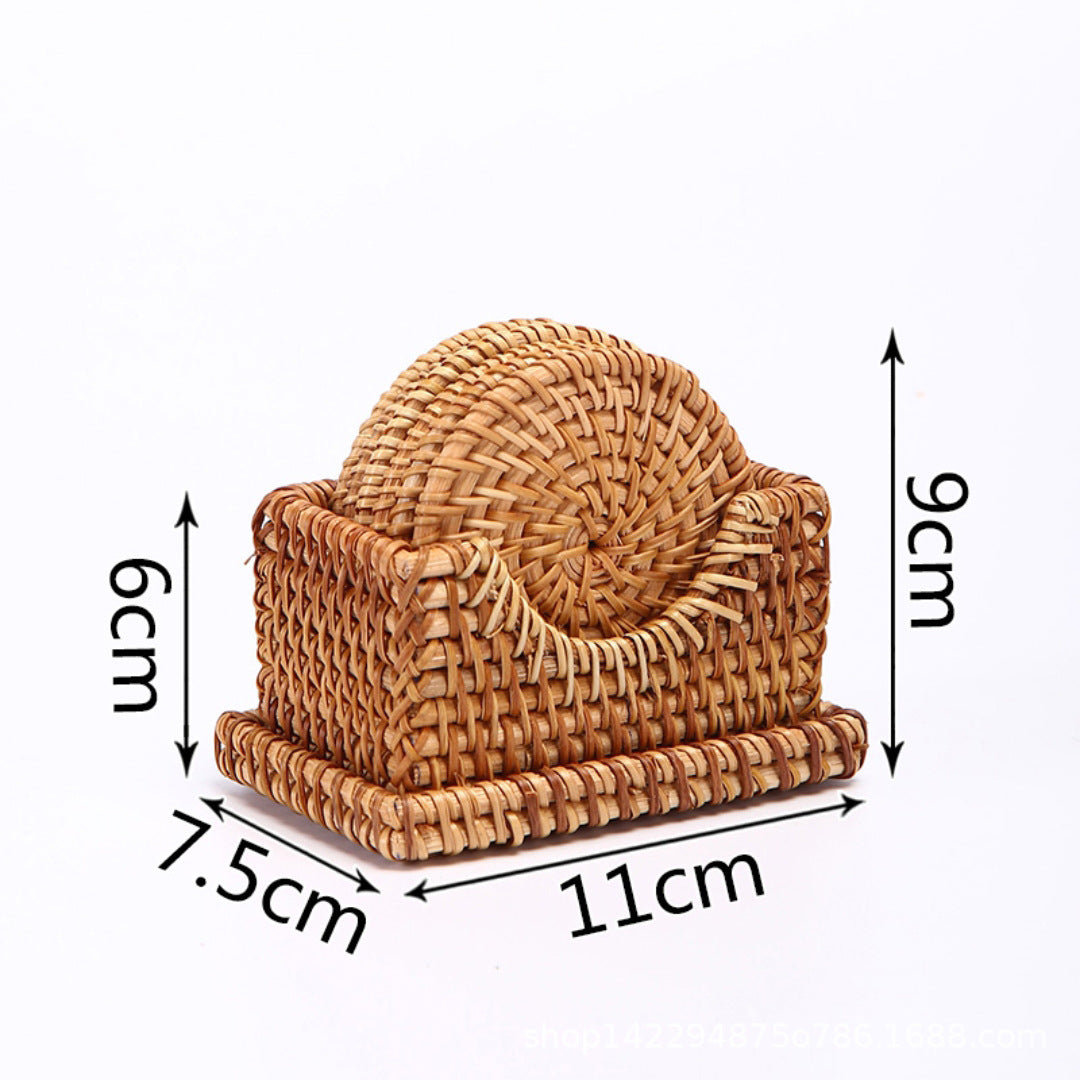 Small rattan coaster set with labeled dimensions: 11cm length, 7.5cm width, 9cm height.