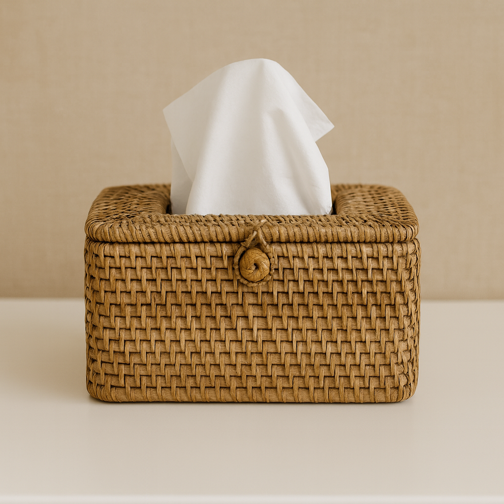 Front view of handmade woven rattan tissue box with lid closed and tissue visible from top opening.