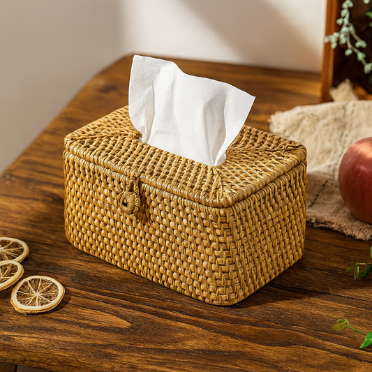 Handmade rattan tissue box with rectangular woven design, placed on a wooden table in natural sunlight with dried lemon slices beside it.