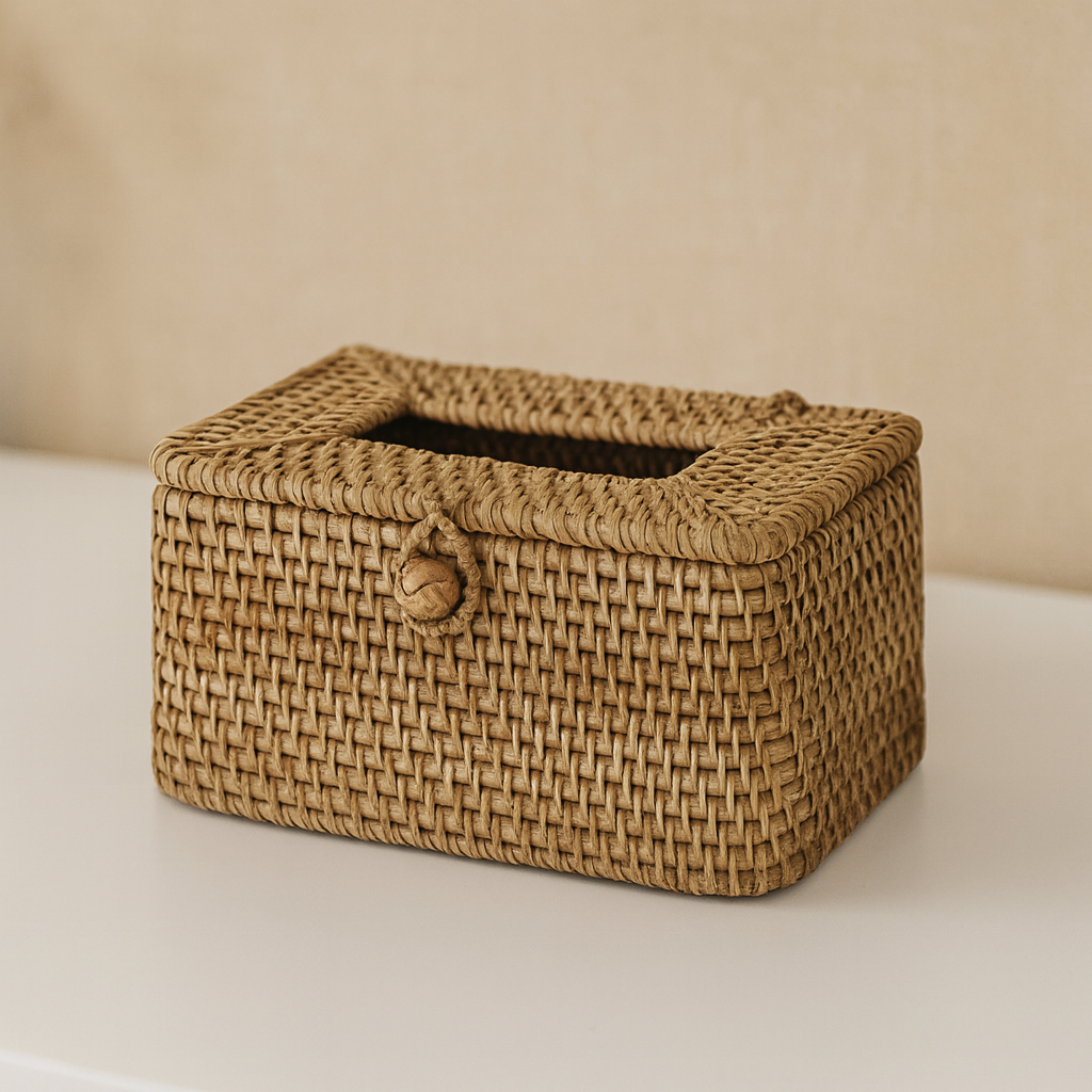 Handmade rattan tissue box with lid open showing hollow interior, placed on a white surface against neutral background.