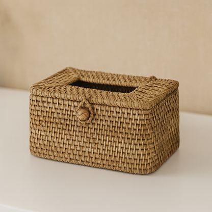 Handmade rattan tissue box with lid open showing hollow interior, placed on a white surface against neutral background.