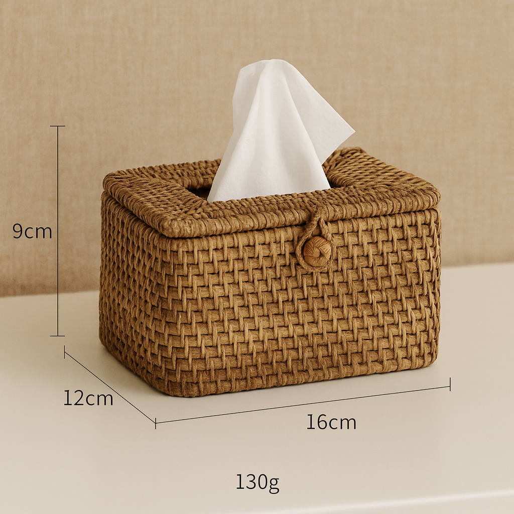 Size reference of handmade rattan tissue box showing measurements 16×12×9cm and weight 130g on beige background.