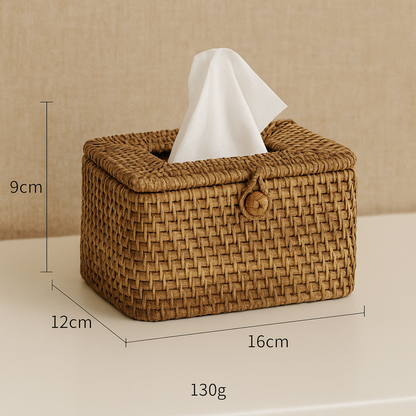 Size reference of handmade rattan tissue box showing measurements 16×12×9cm and weight 130g on beige background.