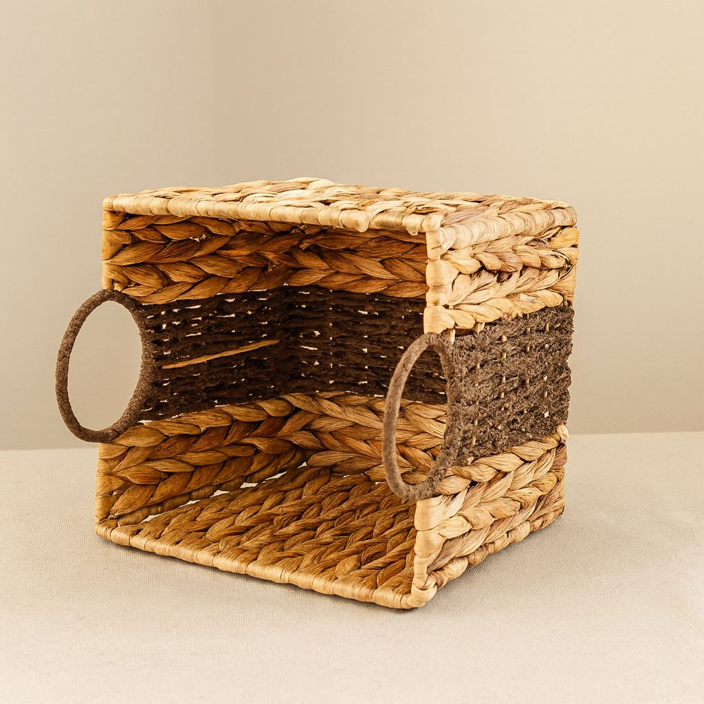 Square hand-woven basket made of thick gourd grass, laid on its side to show woven structure and circular handles.