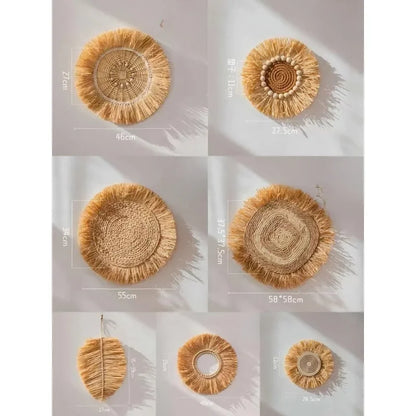 Product size chart showing seven different raffia straw wall decoration designs with labeled dimensions.