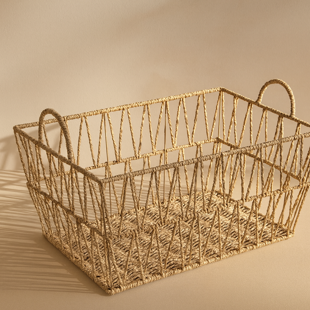 Empty handwoven rattan basket in warm light, three-quarter angle highlighting base weave.